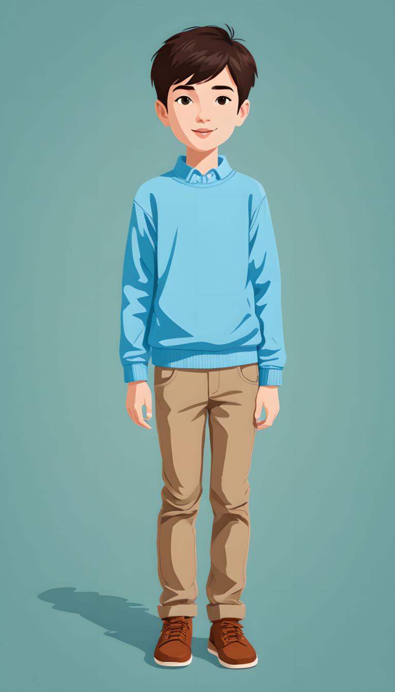 Illustration,Illustration, People, boy, 1boy, solo, male focus, brown pants, brown hair, shirt, shoes, pants