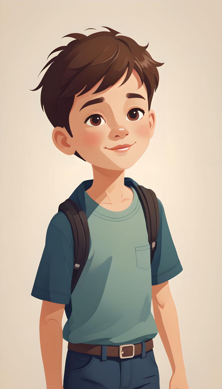 Illustration,Illustration, People, boy, 1boy, male focus, solo, brown hair, backpack, brown eyes, shirt