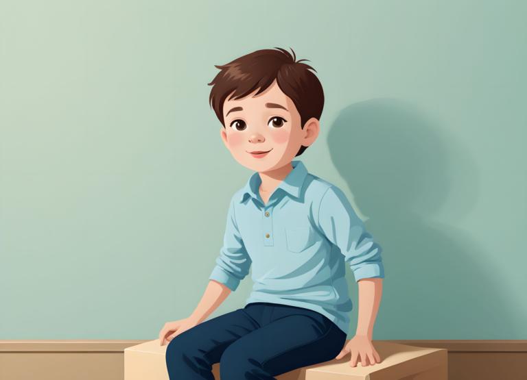 Illustration,Illustration, People, boy, brown hair, solo, 1boy, male focus, shirt, brown eyes, sitting, pants