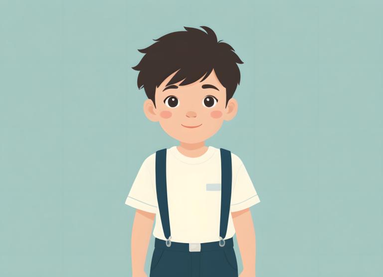 Illustration,Illustration, People, boy, 1boy, solo, male focus, shirt, smile, simple background, suspenders