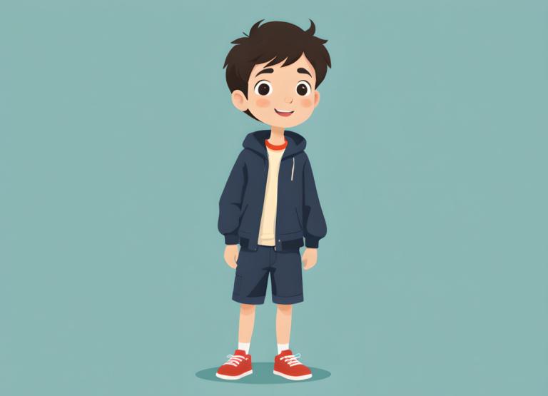 Háttér eltávolítása, Illustration, People, boy, 1boy, male focus, shorts, solo, red footwear, smile, hood, jacket, shoes, aqua background, male child, open mouth, simple background, hoodie, brown hair, blue background, black hair, black eyes, shirt, full body, sneakers, standing, looking at viewer, blush stickers