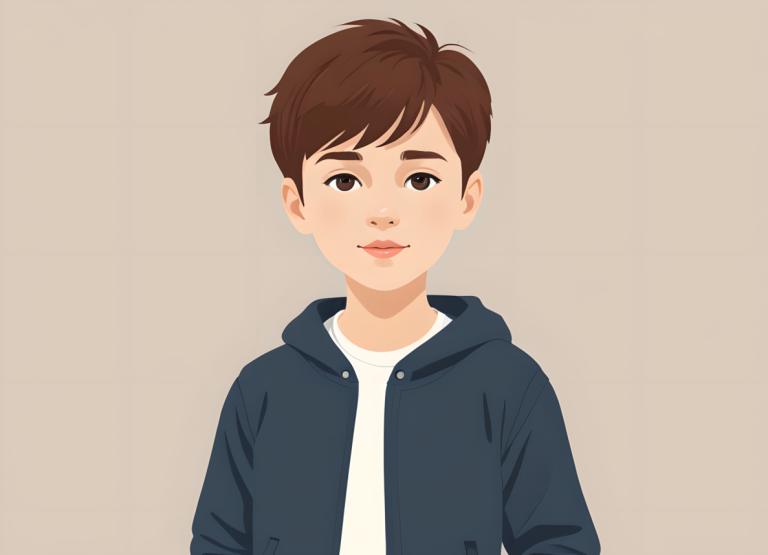 Illustration,Illustration, People, boy, solo, brown hair, brown eyes, simple background, looking at viewer