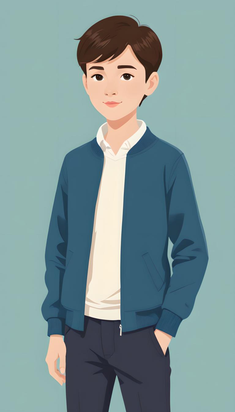 Illustration,Illustration, People, boy, solo, brown hair, pants, looking at viewer, 1boy, simple background