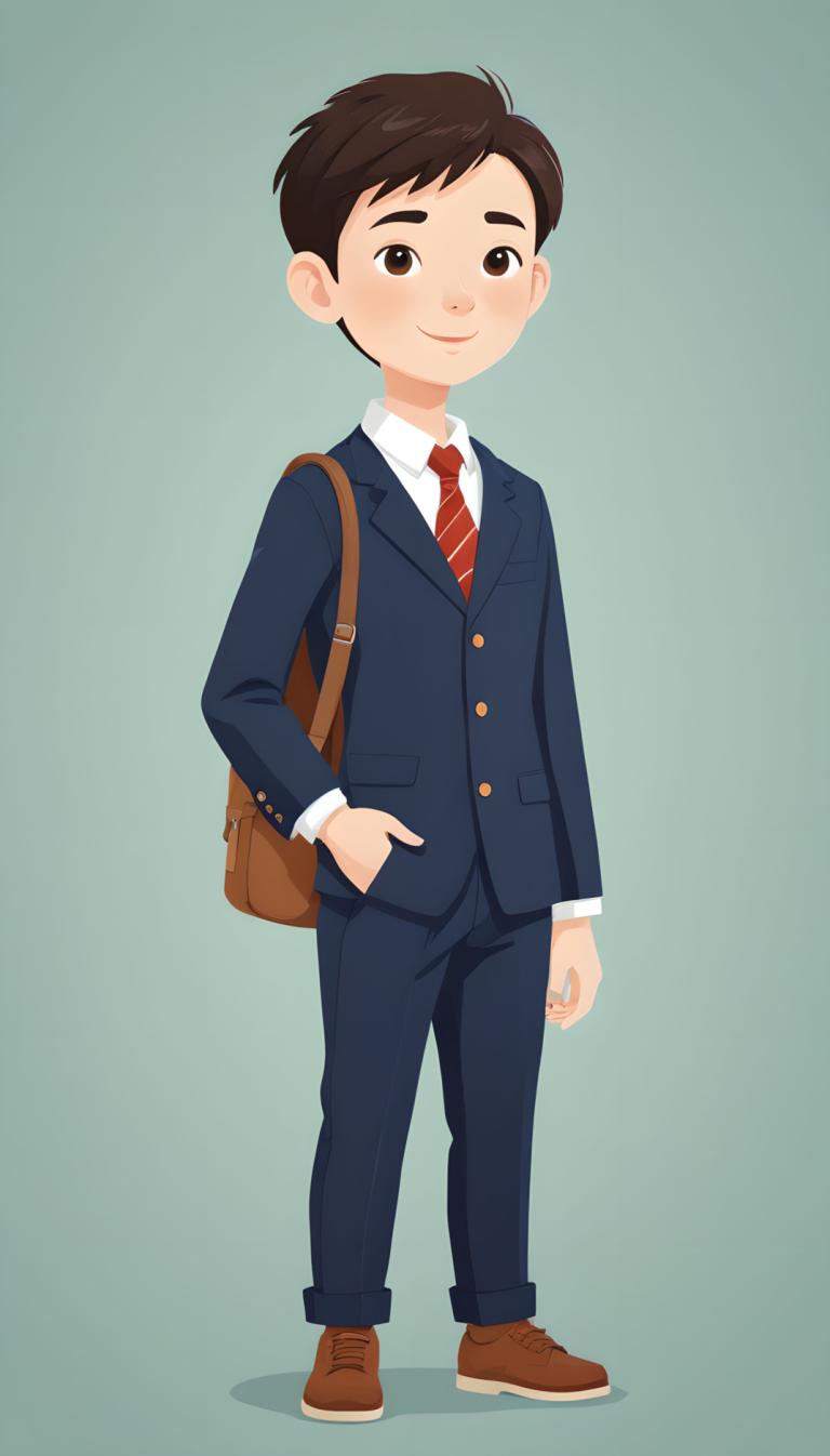 Illustration,Illustration, People, boy, 1boy, male focus, solo, necktie, smile, bag, brown footwear