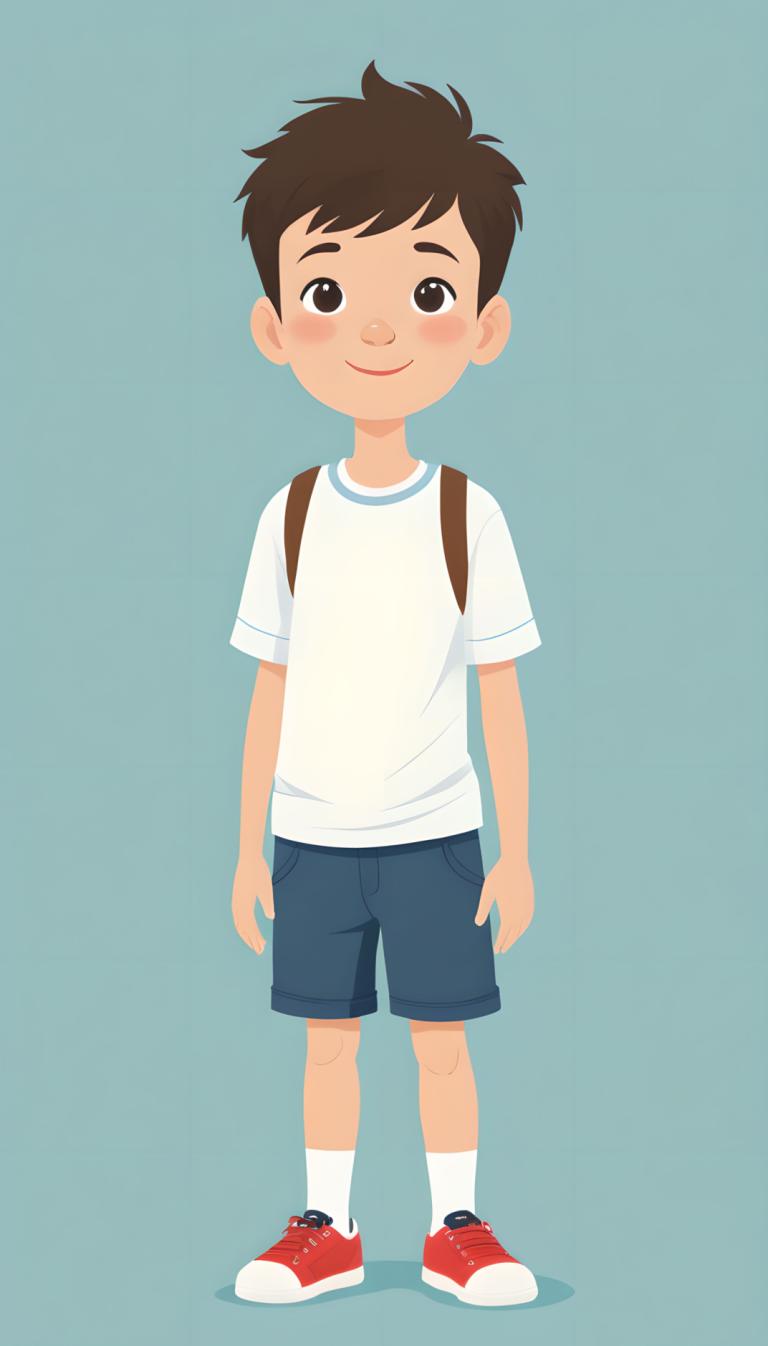 Illustration,Illustration, People, boy, 1boy, male focus, solo, shorts, smile, shirt, backpack, shoes