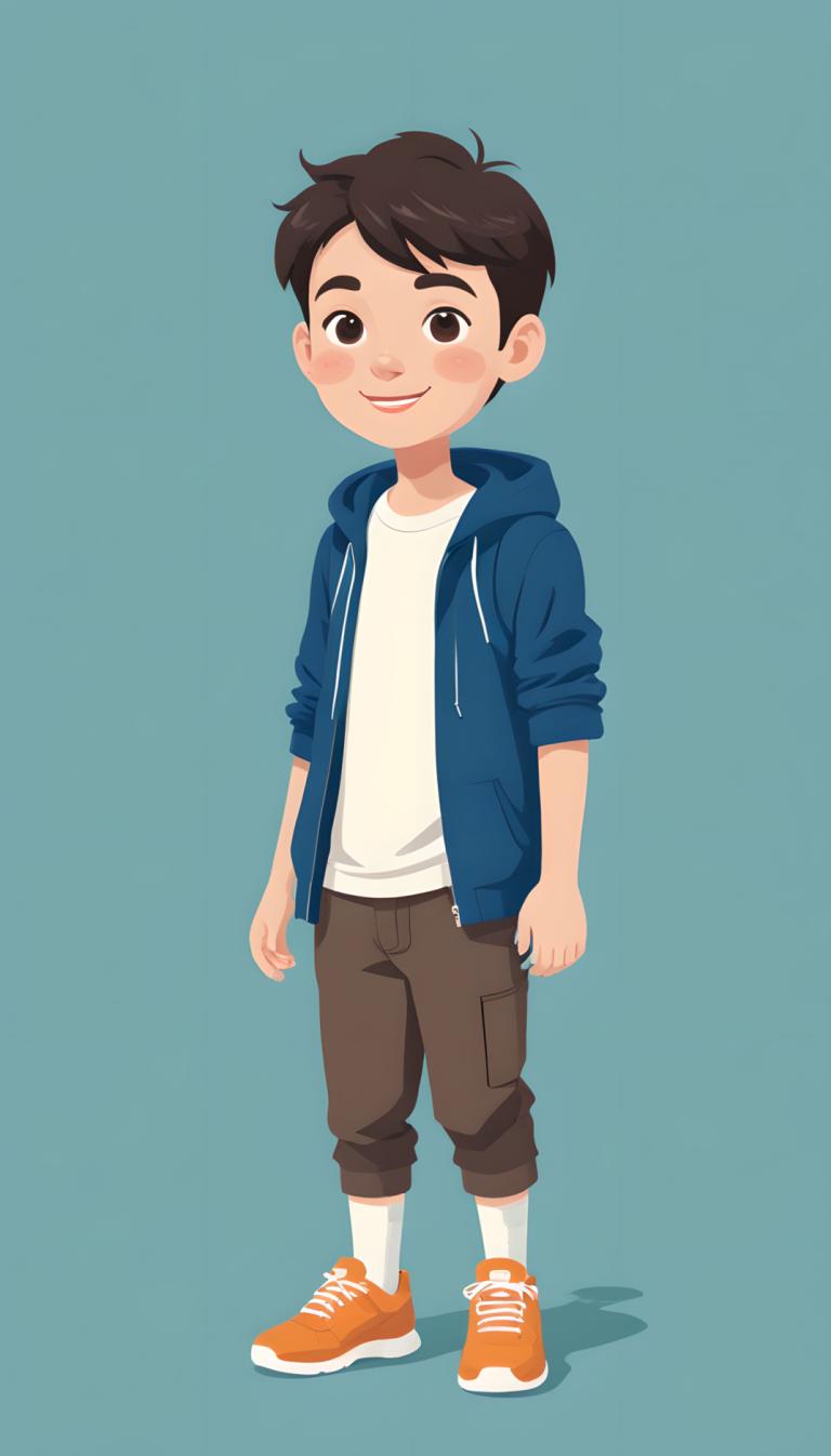 Illustration,Illustration, People, boy, 1boy, male focus, solo, shoes, smile, hood, brown hair, brown eyes