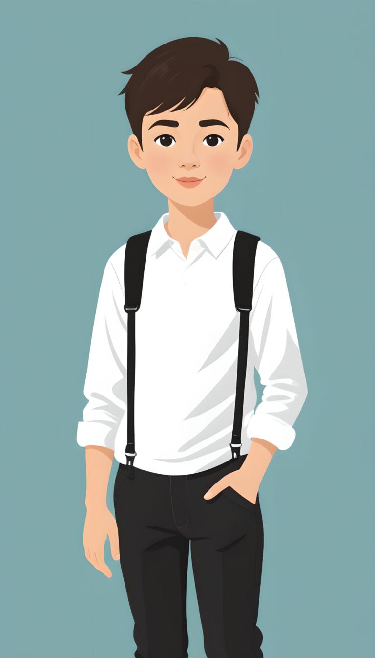 Illustration,Illustration, People, boy, 1boy, male focus, suspenders, solo, hand in pocket, shirt