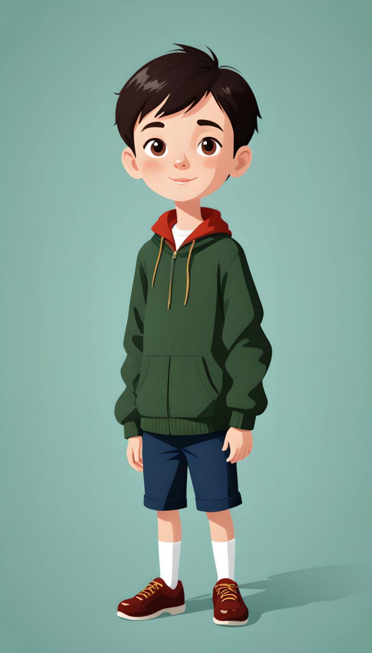 Illustration,Illustration, People, boy, 1boy, male focus, solo, shorts, hoodie, brown eyes, hood, shoes