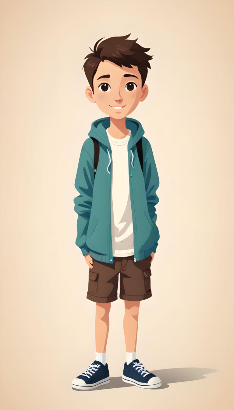 Illustration,Illustration, People, boy, 1boy, male focus, solo, shorts, brown hair, smile, shoes, full body