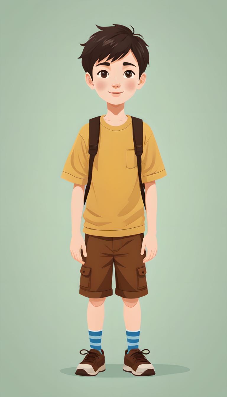 Illustration,Illustration, People, boy, solo, 1boy, male focus, shirt, shorts, backpack, shoes, full body