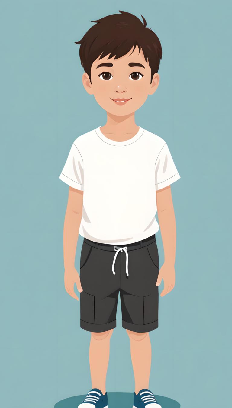 Illustration,Illustration, People, boy, 1boy, male focus, shorts, solo, brown eyes, shirt, brown hair