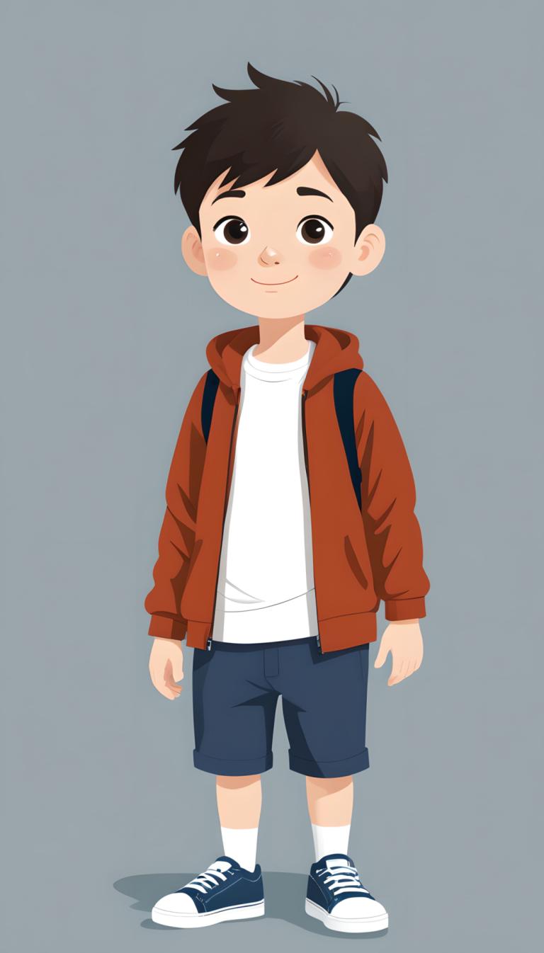 Illustration,Illustration, People, boy, 1boy, male focus, solo, shorts, smile, shoes, shirt, male child