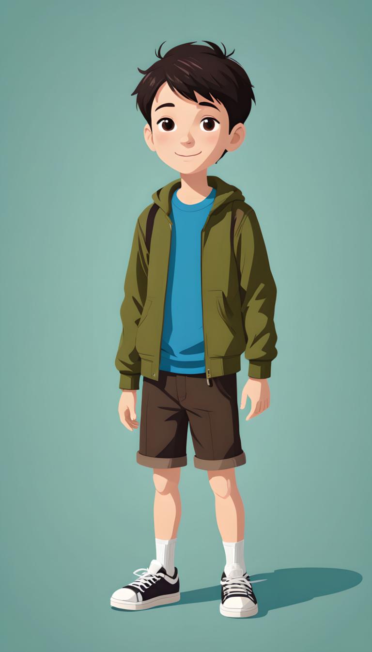 Illustration,Illustration, People, boy, 1boy, male focus, shorts, solo, smile, shoes, male child, brown eyes