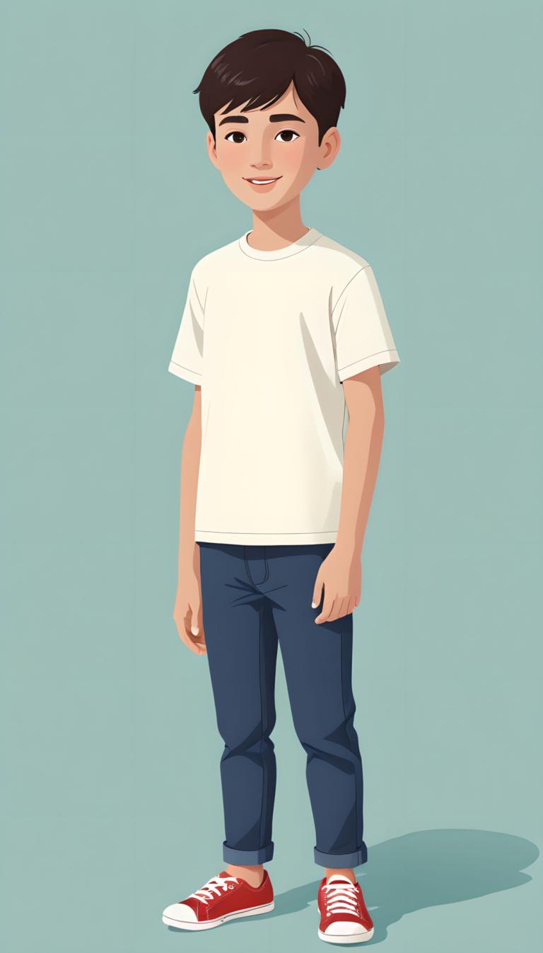 Illustration,Illustration, People, boy, 1boy, solo, male focus, shirt, shoes, smile, red footwear, pants