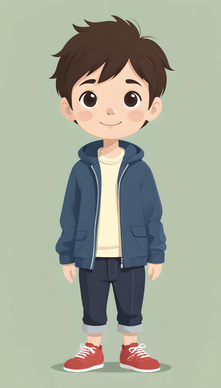 Háttér eltávolítása, Illustration, People, boy, 1boy, male focus, brown hair, brown eyes, solo, smile, shoes, red footwear, hood, blush stickers, sneakers, pants, hoodie, simple background, male child, full body, jacket, looking at viewer, green background, standing, child