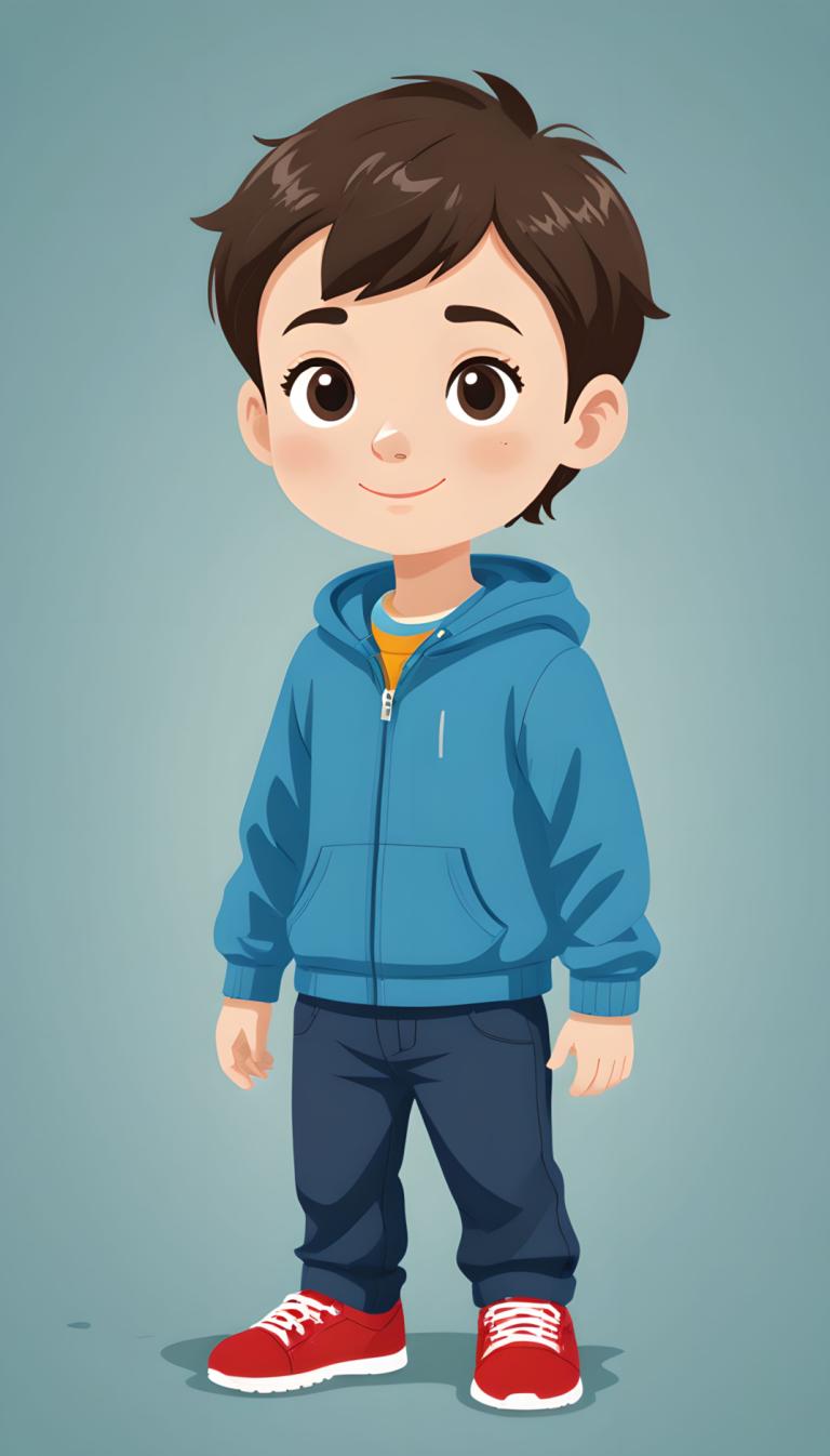 Illustration,Illustration, People, boy, brown hair, 1boy, male focus, brown eyes, solo, smile, hood, shoes