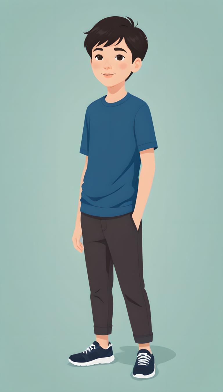 Illustration,Illustration, People, boy, 1boy, male focus, solo, black hair, shirt, blue shirt, smile, shoes