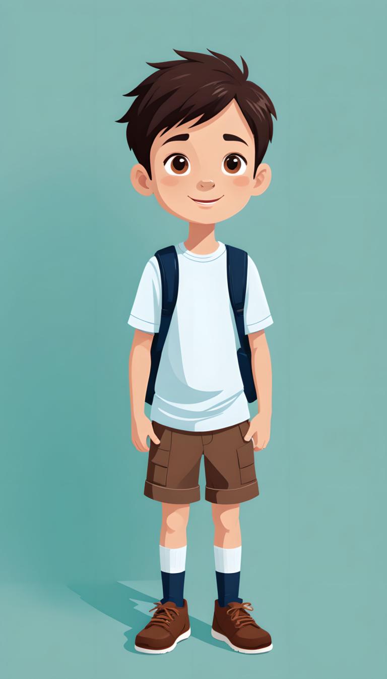 Illustration,Illustration, People, boy, 1boy, male focus, solo, shorts, backpack, brown eyes, brown hair