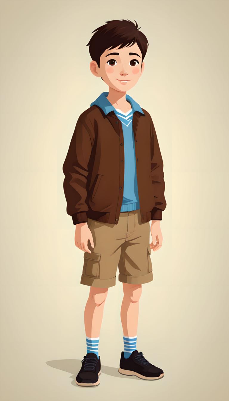 Illustration,Illustration, People, boy, 1boy, solo, male focus, shorts, blue shirt, shoes, full body, shirt