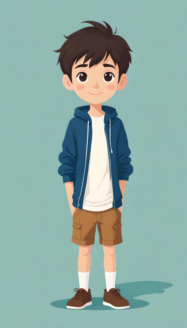 Illustration,Illustration, People, boy, 1boy, male focus, solo, shorts, brown hair, blush stickers, smile