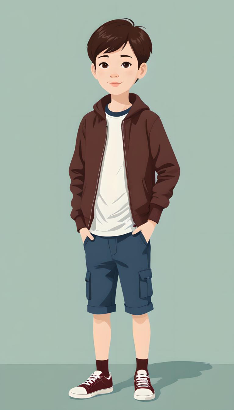 Illustration,Illustration, People, boy, 1boy, male focus, solo, shorts, shoes, brown hair, brown eyes