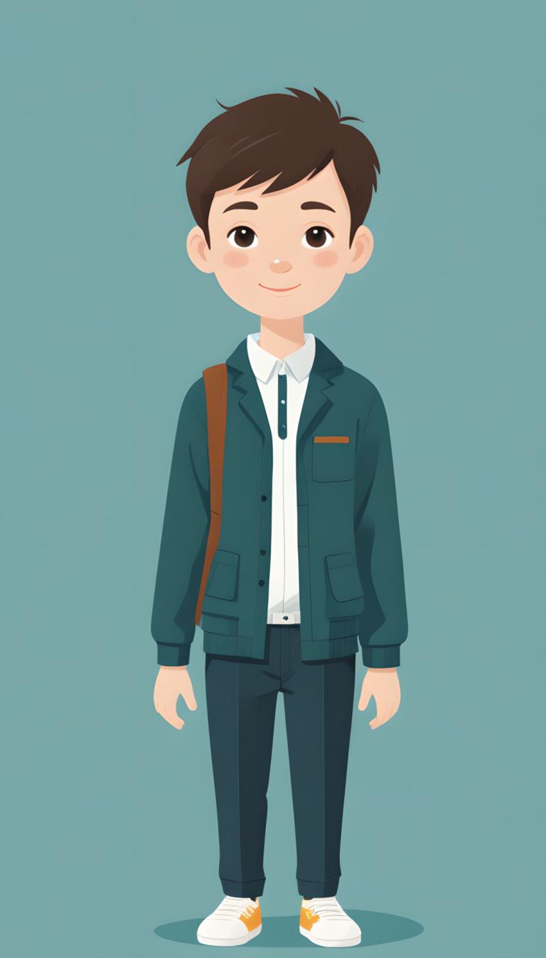 Remove Background, Illustration, People, boy, 1boy, male focus, solo, brown hair, smile, brown eyes, necktie, simple background, standing, jacket, looking at viewer, shoes, full body, blue background, pants, blush, bag, shirt