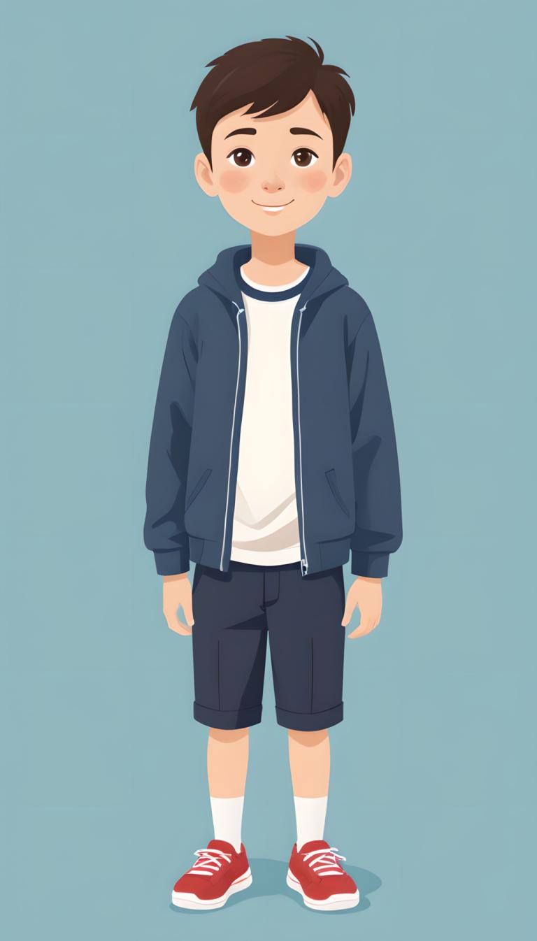 Illustration,Illustration, People, boy, 1boy, male focus, solo, brown hair, smile, shorts, shoes, hood