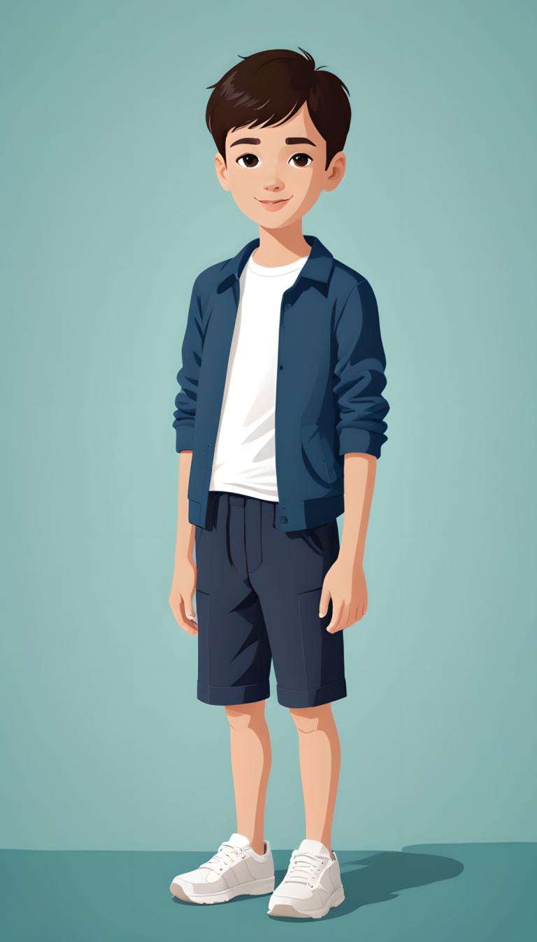 Illustration,Illustration, People, boy, solo, 1boy, male focus, shorts, shirt, shoes, full body, standing