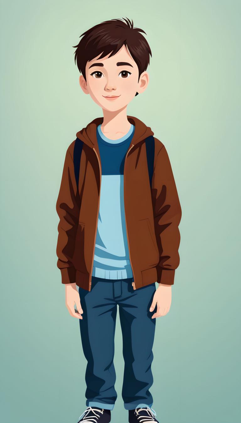 Illustration,Illustration, People, boy, 1boy, male focus, solo, brown eyes, brown hair, shoes, jacket, pants