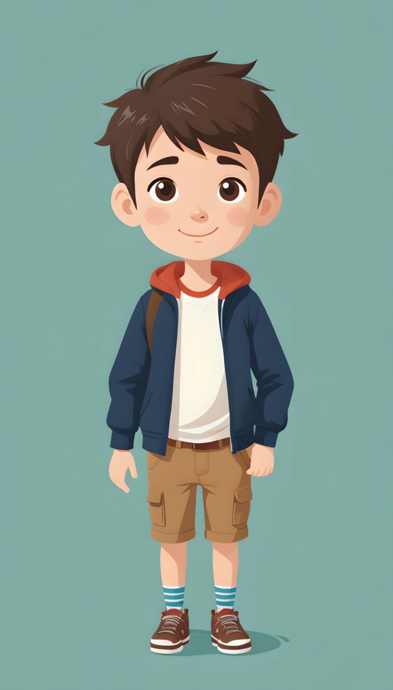 Illustration,Illustration, People, boy, 1boy, male focus, solo, shorts, brown hair, smile, brown eyes, shoes