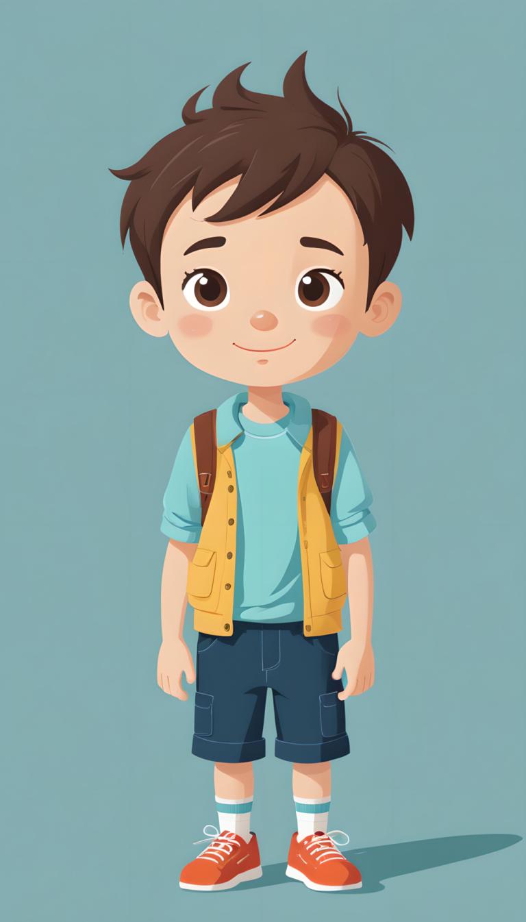 Illustration,Illustration, People, boy, brown hair, solo, shorts, male focus, brown eyes, 1boy, smile