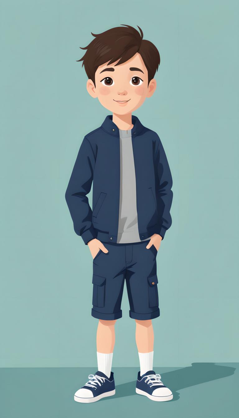 Illustration,Illustration, People, boy, 1boy, male focus, solo, brown hair, shorts, brown eyes, shoes