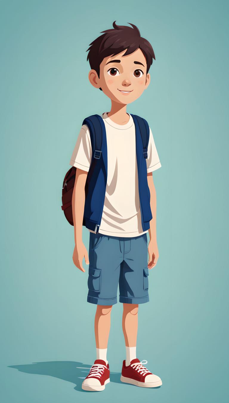 Illustration,Illustration, People, boy, 1boy, male focus, solo, shorts, backpack, brown eyes, smile, bag