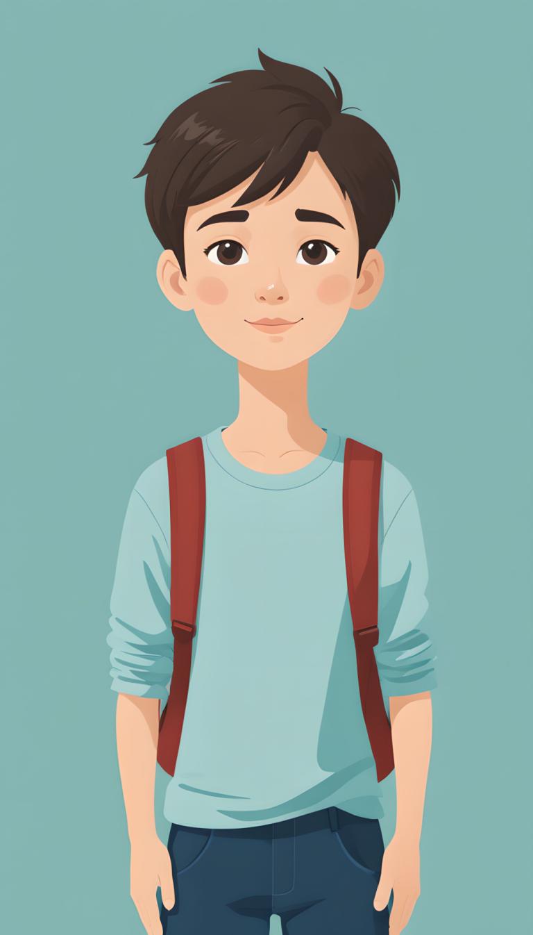 Illustration,Illustration, People, boy, 1boy, male focus, backpack, solo, brown eyes, bag, brown hair, smile