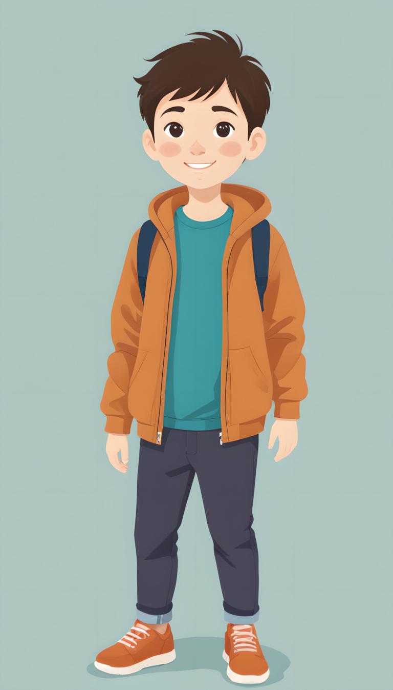 Illustration,Illustration, People, boy, 1boy, male focus, solo, smile, backpack, shirt, brown hair, shoes