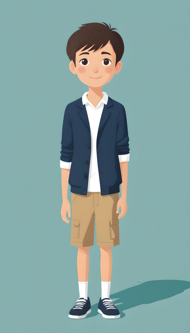 Illustration,Illustration, People, boy, 1boy, male focus, solo, shorts, brown hair, shirt, smile, white socks