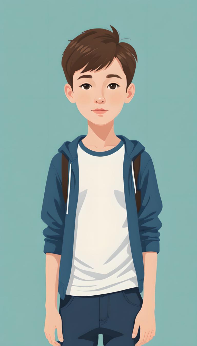 Illustration,Illustration, People, boy, solo, brown hair, hood, brown eyes, pants, simple background