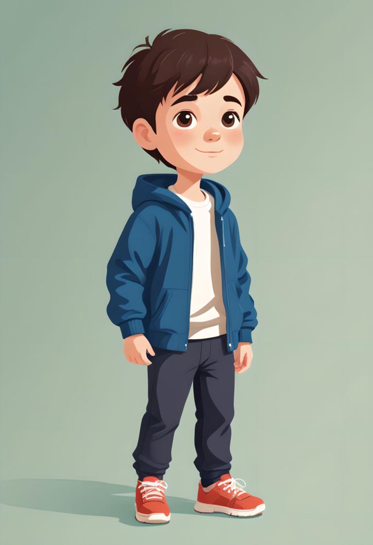 Illustration,Illustration, People, boy, 1boy, male focus, brown eyes, solo, brown hair, smile, hood, shoes