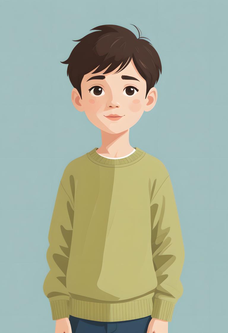 Illustration,Illustration, People, boy, solo, 1boy, brown hair, sweater, male focus, simple background