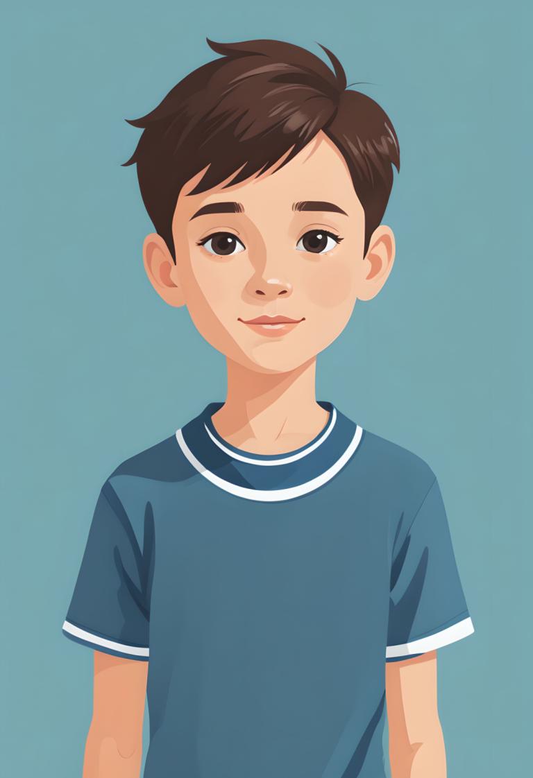 Illustration,Illustration, People, boy, solo, brown hair, shirt, blue shirt, looking at viewer