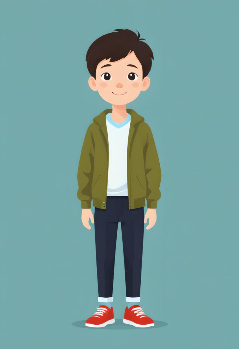 Illustration,Illustration, People, boy, 1boy, male focus, solo, red footwear, smile, shoes, black hair, pants