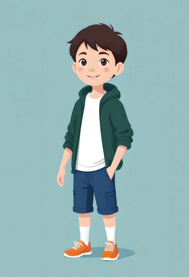 Illustration,Illustration, People, boy, 1boy, male focus, solo, shorts, brown eyes, brown hair, shoes, smile