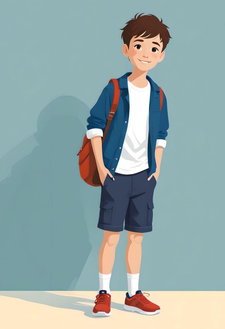 Illustration,Illustration, People, boy, 1boy, male focus, shorts, solo, brown hair, smile, bag, shirt