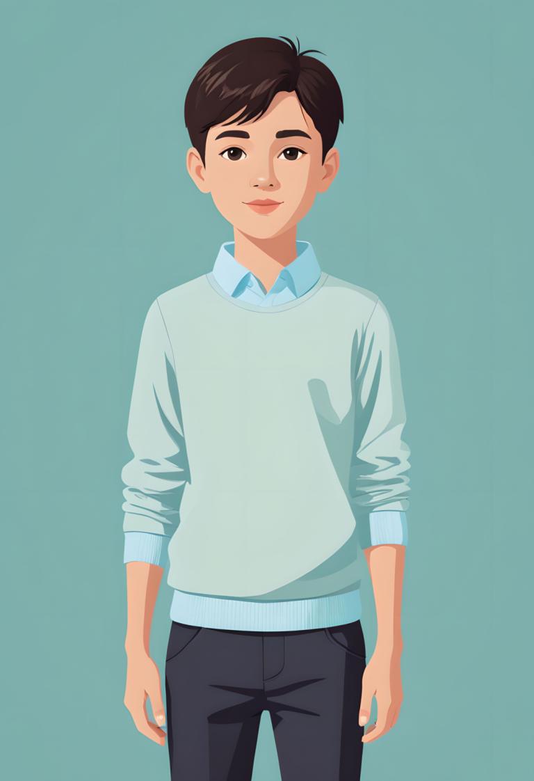 Remove Background, Illustration, People, boy, solo, shirt, pants, collared shirt, looking at viewer, simple background, 1boy, cowboy shot, short hair, brown eyes, aqua background, male focus, brown hair, black pants, sweater, smile, long sleeves, green background, blue background, standing, black hair, blue shirt