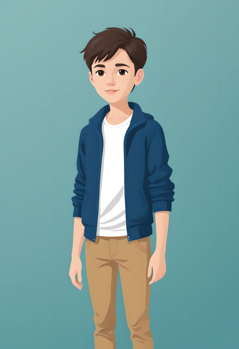 Illustration,Illustration, People, boy, 1boy, male focus, solo, brown eyes, brown hair, brown pants, shirt