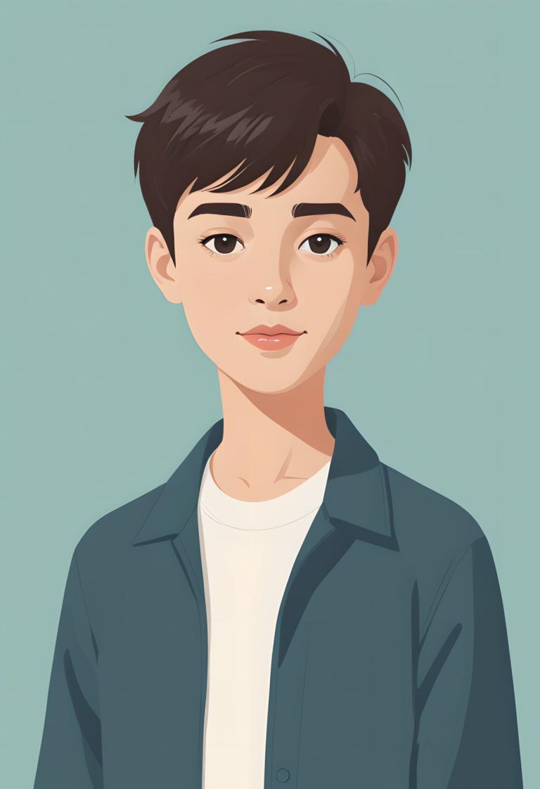 Remove Background, Illustration, People, boy, solo, shirt, looking at viewer, brown hair, simple background, white shirt, upper body, short hair, jacket, brown eyes, green background, aqua background, lips, 1girl, 1boy, black eyes, male focus, blue jacket, smile, blue background