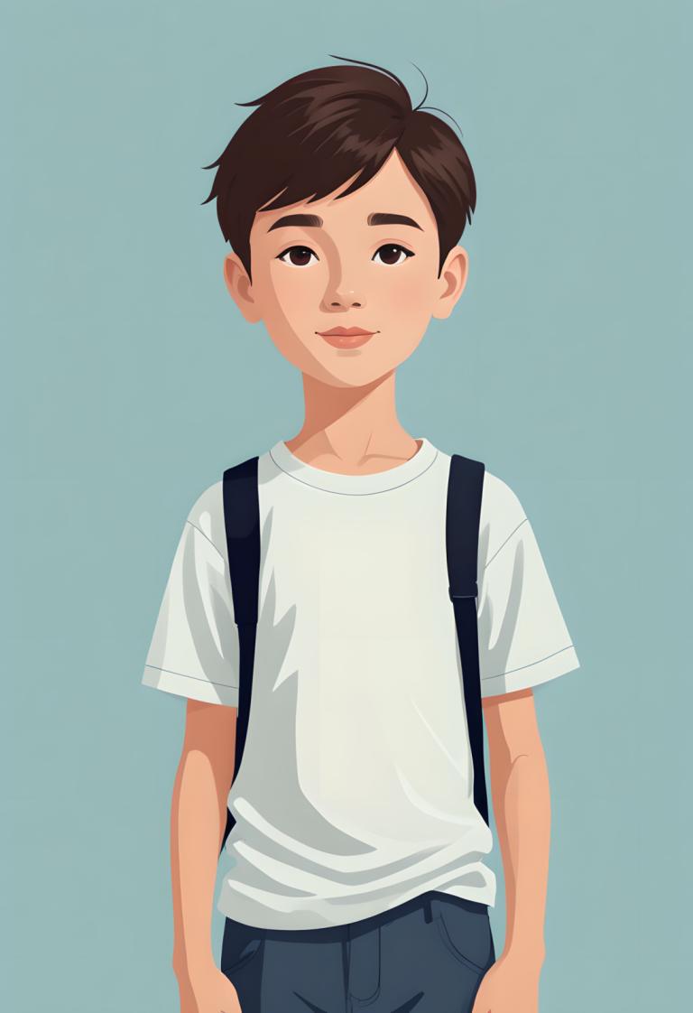 Illustration,Illustration, People, boy, solo, 1boy, shirt, male focus, brown hair, backpack