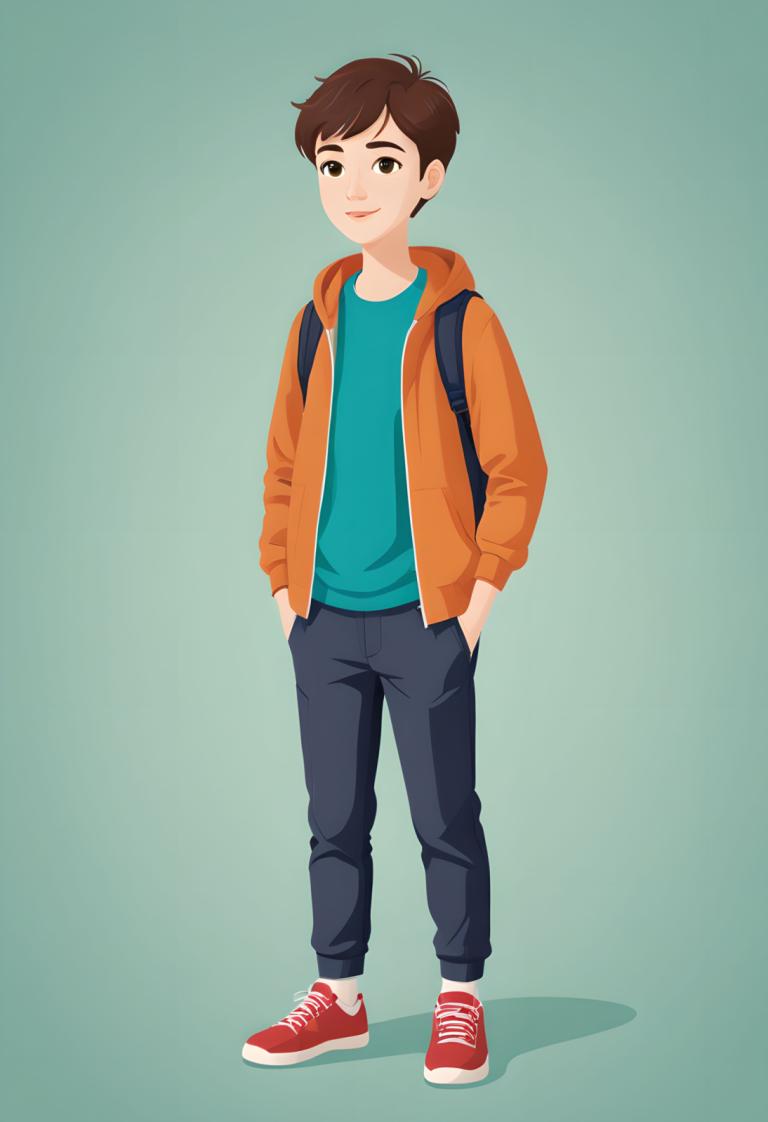 Illustration,Illustration, People, boy, brown hair, solo, 1boy, male focus, backpack, shirt, pants, shoes