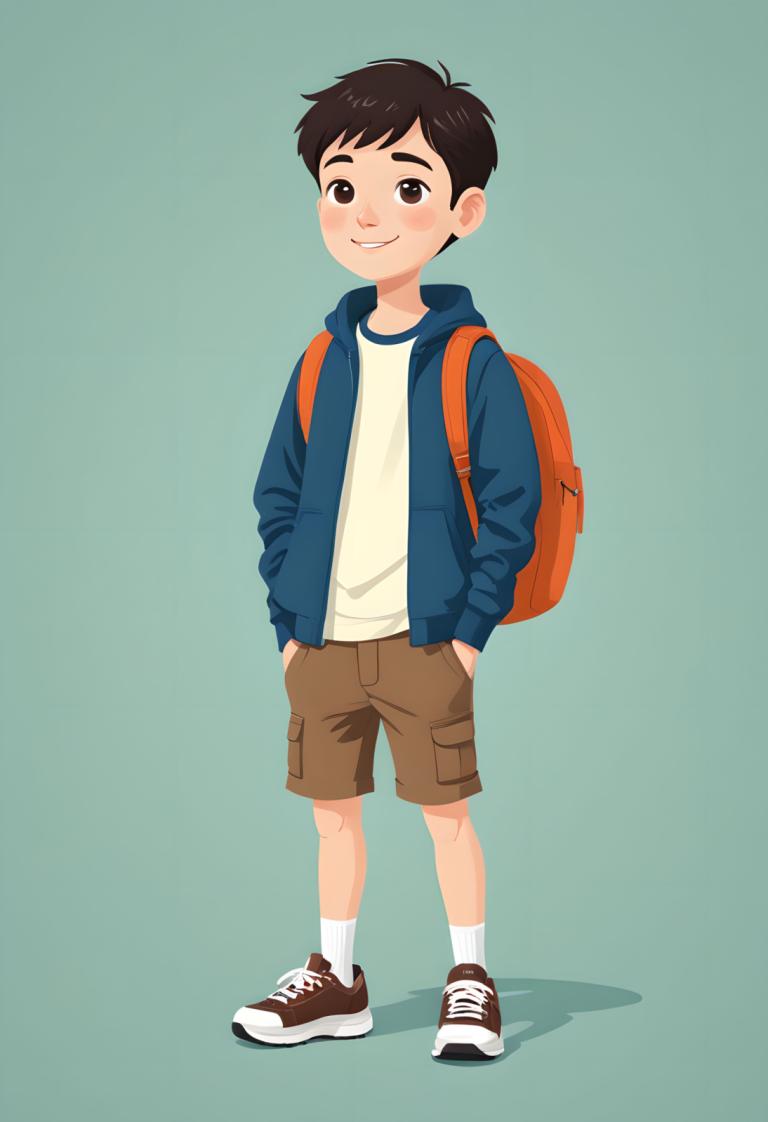 Illustration,Illustration, People, boy, 1boy, male focus, backpack, shorts, solo, bag, smile, shoes