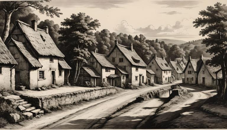 Copperplate Etching,Copperplate Etching, Village, village, no humans, tree, monochrome, house, scenery